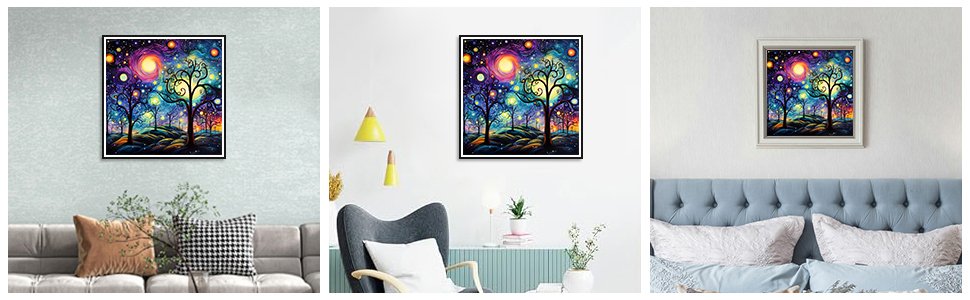 Diamond painting of a starry night sky with silhouetted trees, displayed in three different home settings.