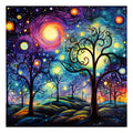 Diamond painting kit featuring a stylized starry night sky with swirling colors and silhouetted trees.