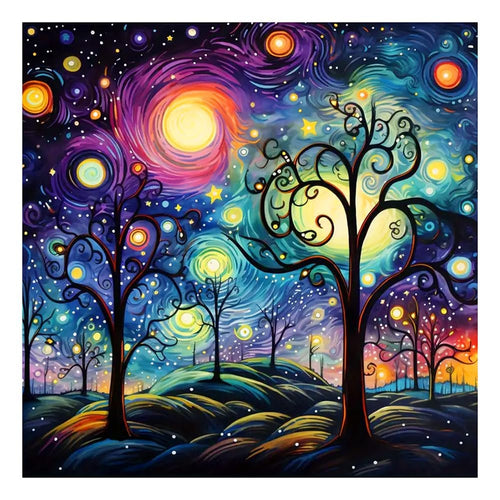 Diamond painting kit featuring a stylized starry night sky with swirling colors and silhouetted trees.
