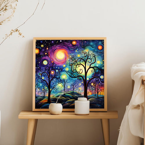 Framed 5D diamond painting kit featuring a vibrant starry night sky with swirling galaxies and silhouetted trees.