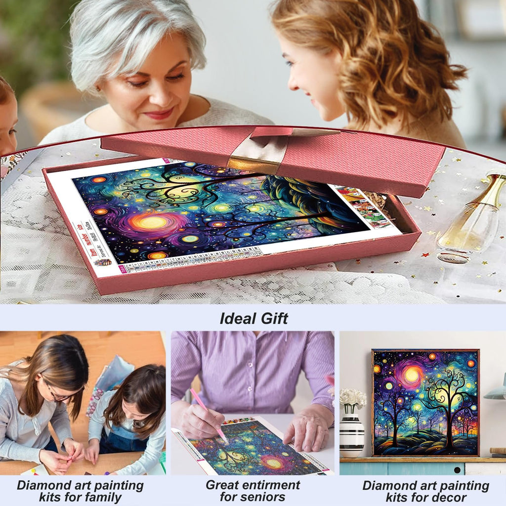 Family opening a 5D diamond painting kit of Starry Night Sky, with three inset images showing family crafting, close-up of diamond painting, and finished artwork.