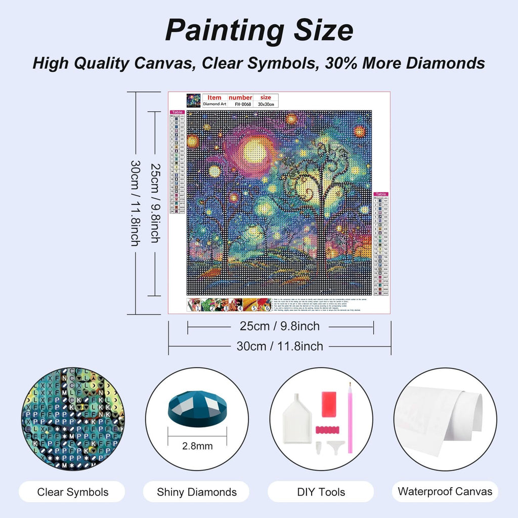 Diamond painting kit showing a starry night sky scene with a tree, and icons for clear symbols, shiny diamonds, DIY tools, and waterproof canvas.