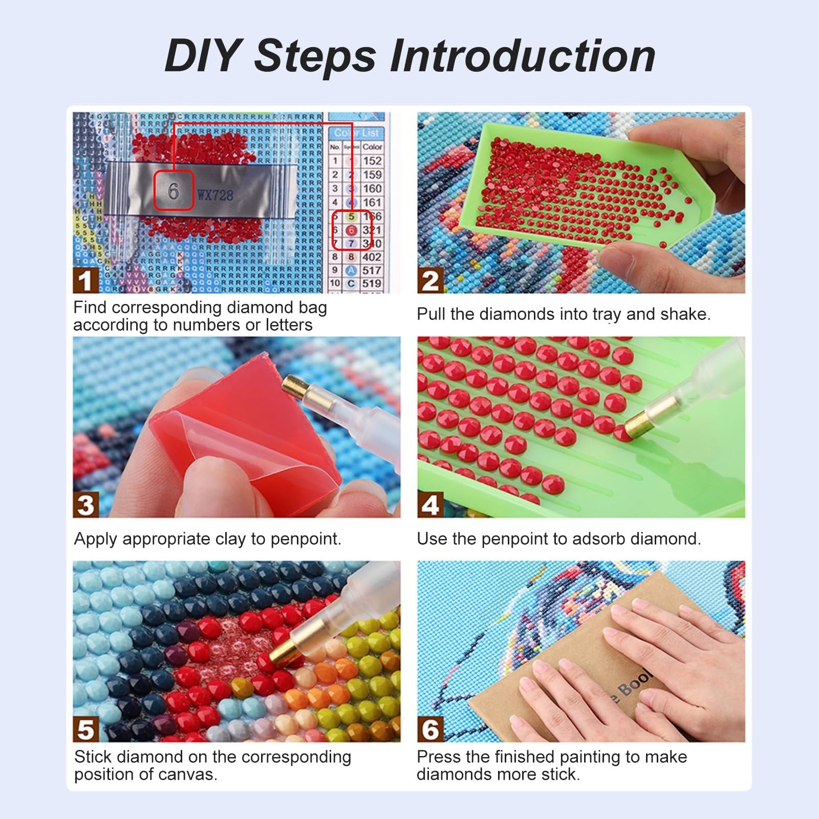 Diamond painting kit instructions showing 6 steps: finding diamond bags, shaking diamonds in tray, applying clay to penpoint, adsorbing diamond, sticking diamond, and pressing finished painting.