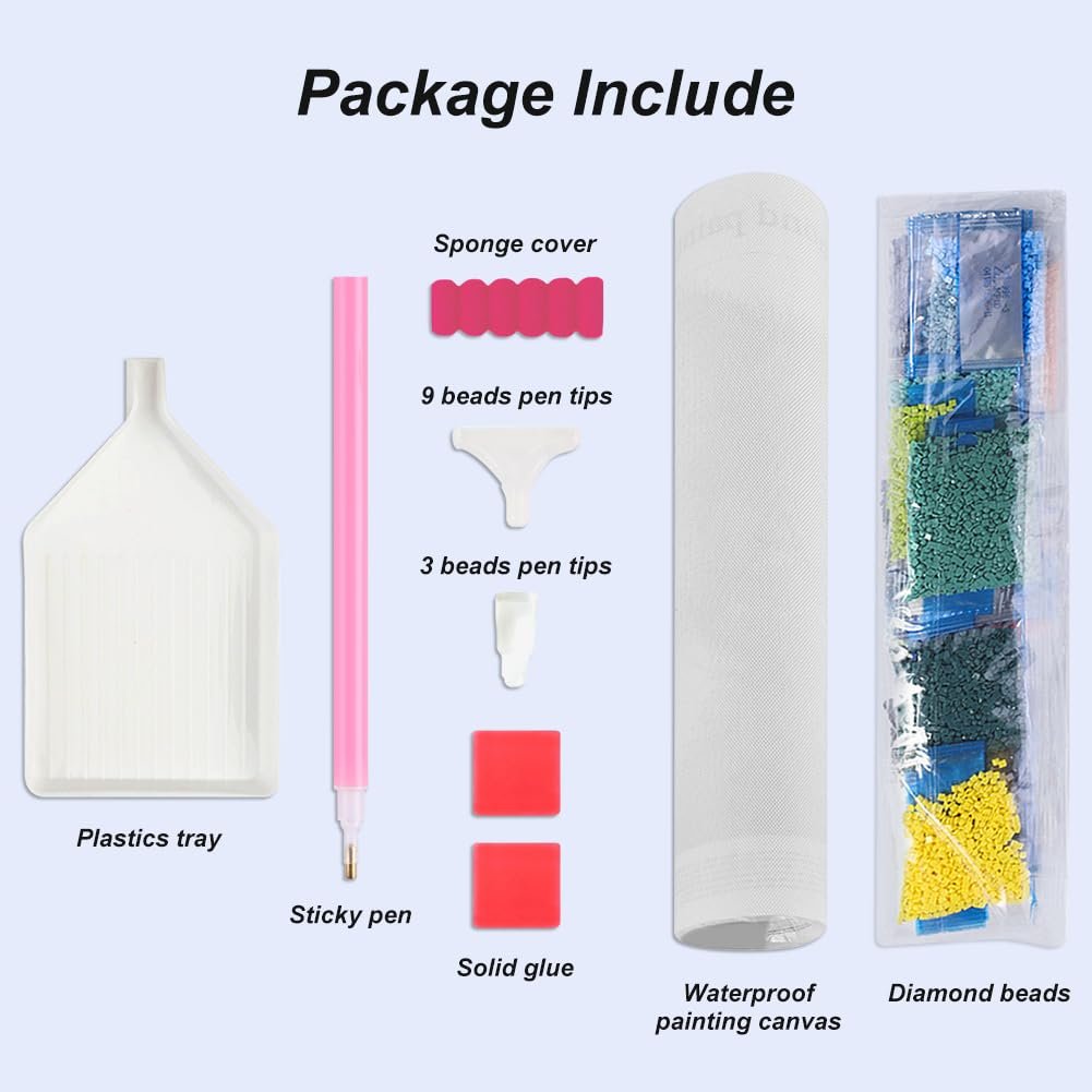 Diamond painting kit contents laid out: tray, pen, tips, glue, canvas, and beads.