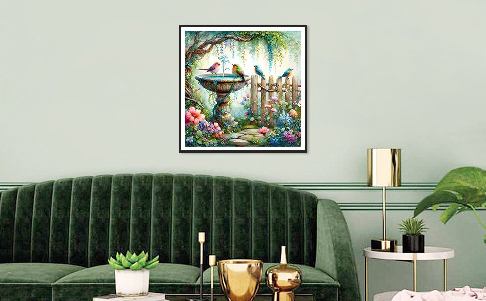 Diamond painting kit featuring a bird bath and fence in a garden with flowers and birds.