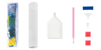 Diamond painting kit contents including bags of colored beads, a white tube, a tray, a pink applicator pen, and other small tools.