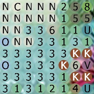 Close-up of numbered and lettered circles, likely for a craft kit, with a blurred background.