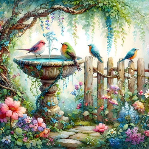 Diamond painting kit showing a bird bath with four birds, surrounded by flowers and a wooden fence.