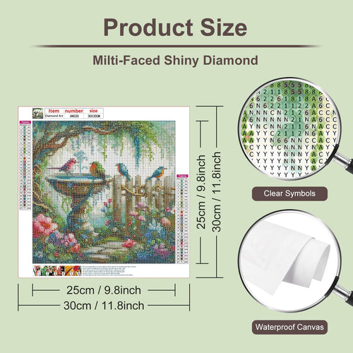 Diamond painting kit with bird landscape design, showing a table of symbols and diamond colors, and dimensions.