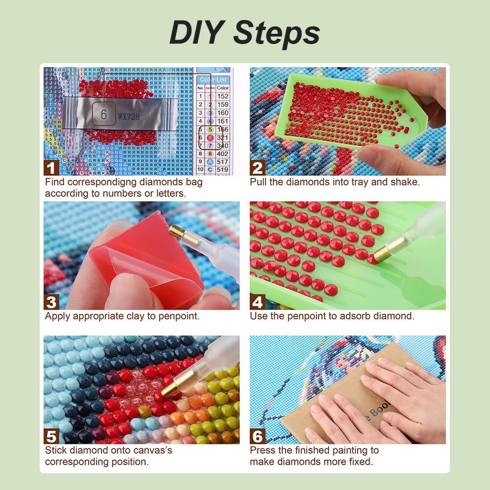 Diamond painting kit instructions showing 6 steps: finding diamond bags, pulling diamonds into tray, applying clay, adsorbing diamonds, sticking diamonds, and pressing finished painting.