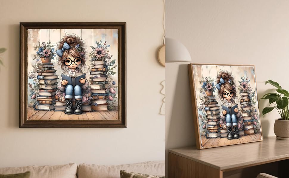 Diamond painting kit featuring a cartoon girl with glasses reading a book, surrounded by stacks of books and flowers.