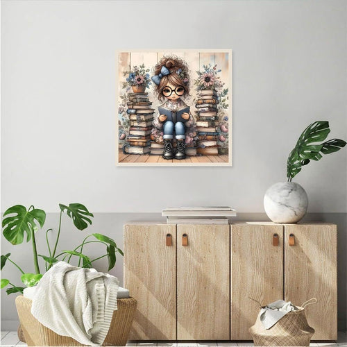 Illustration of a girl reading a book while sitting on a stack of books, surrounded by more books and flowers.