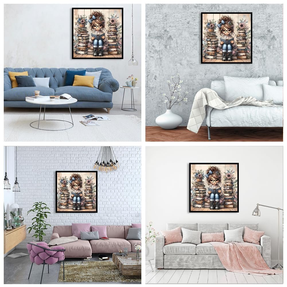 Diamond painting kit featuring a girl with glasses sitting on a stack of books, displayed in four different living room settings.