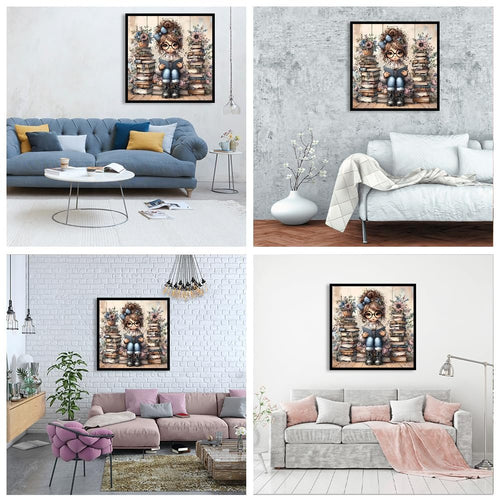Diamond painting kit featuring a girl with glasses sitting on a stack of books, displayed in four different living room settings.