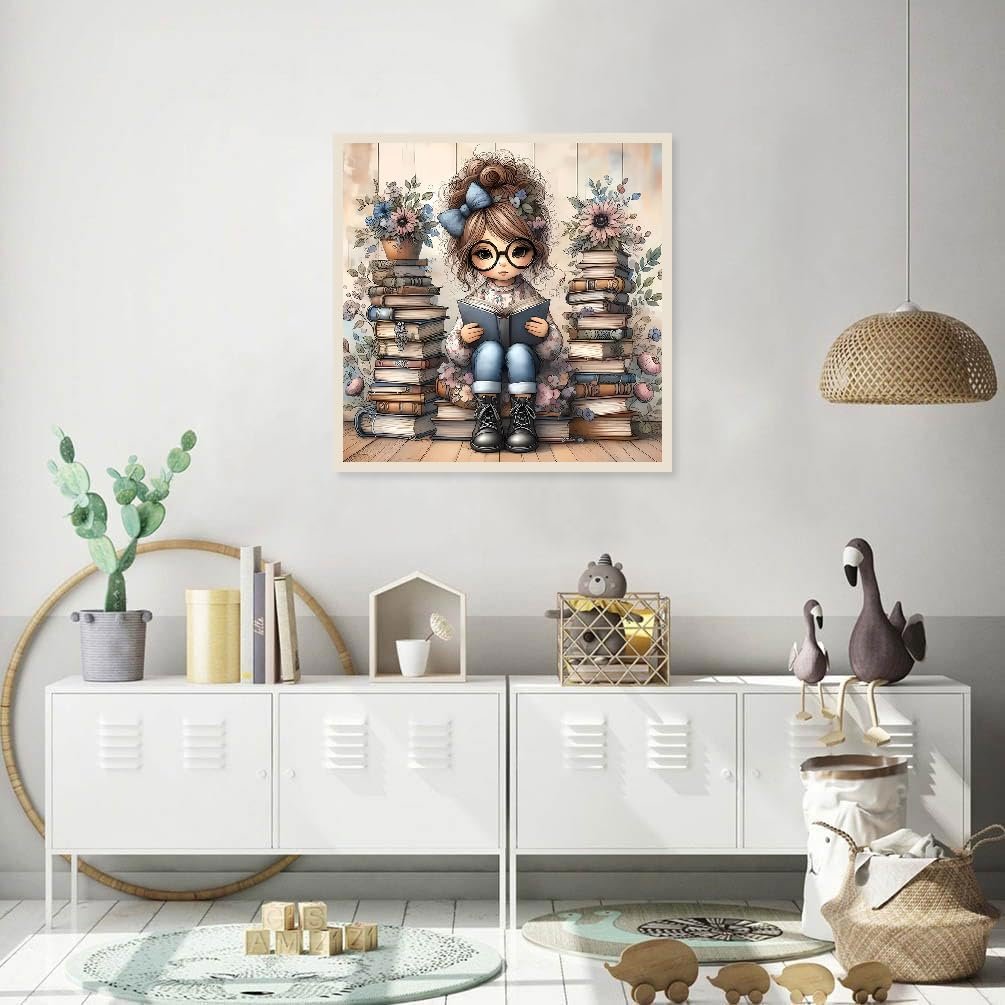 Diamond painting kit artwork of a girl reading a book surrounded by stacks of books and flowers.