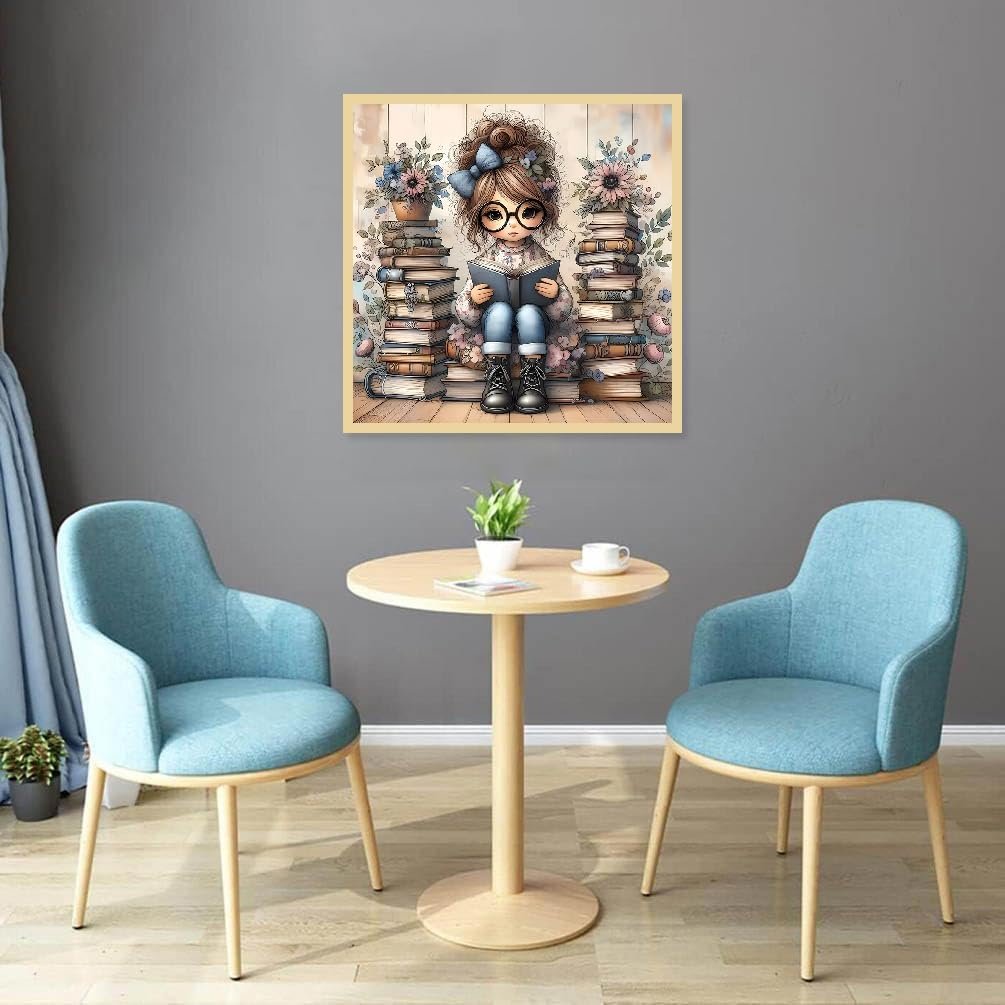Diamond painting kit featuring a cartoon girl reading a book surrounded by stacks of books and flowers.