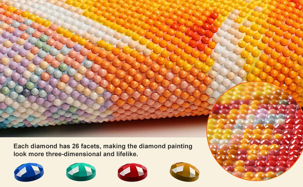 Close-up of a colorful flower diamond painting with a magnified inset showing diamond facets and four individual colored gems.
