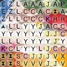 Grid of round diamond painting beads with letters and symbols on a colorful background