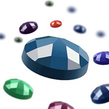 Close-up of a faceted blue gem with colorful gems scattered around it against a white background.