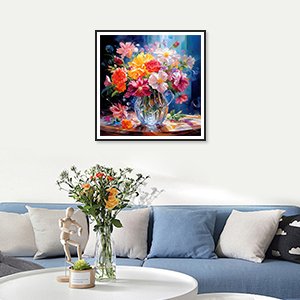 Diamond painting kit of a colorful flower bouquet in a crystal vase, displayed on a wall above a blue sofa.