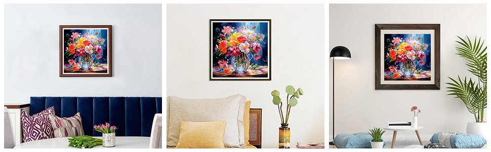 Three framed diamond paintings of colorful flowers in vases displayed in home settings.
