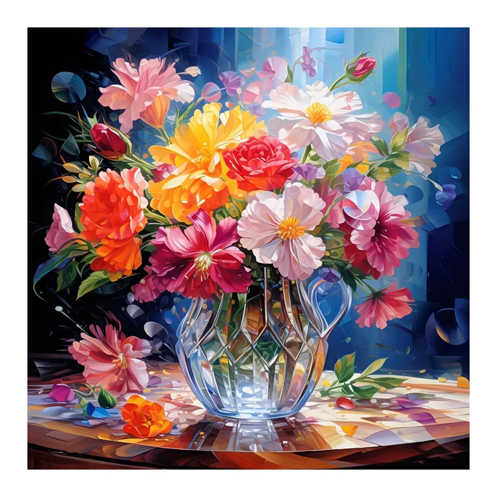 Colorful floral arrangement in a crystal vase on a patterned surface, digital art style