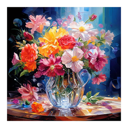 Colorful floral arrangement in a crystal vase on a patterned surface, digital art style