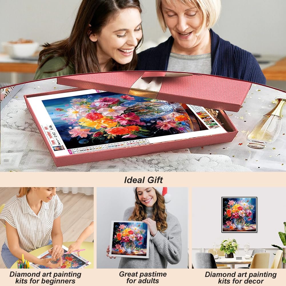 Two women looking at a colorful floral diamond painting kit in a gift box, with lifestyle images below.