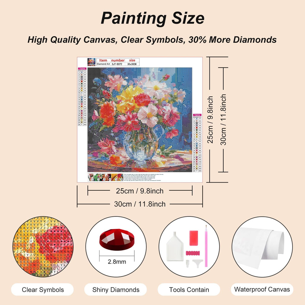 Diamond painting kit showing a colorful floral design, diamond drills, tools, and canvas. Includes size and symbol chart.