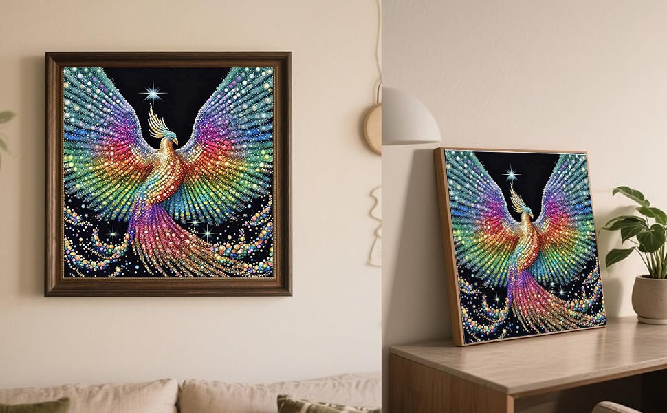 Diamond painting kit featuring a colorful phoenix with outstretched wings, displayed on a wall and on a shelf.
