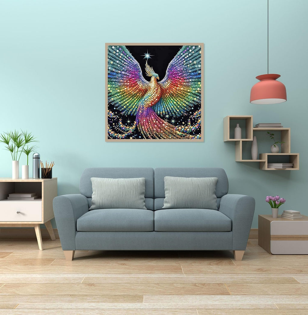 Colorful phoenix diamond painting kit displayed on a wall above a sofa in a living room setting.