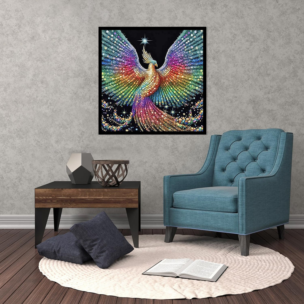 Diamond painting of a colorful phoenix with wings spread, displayed on a wall above a chair and side table.