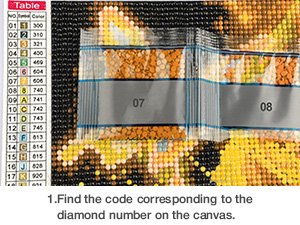 Diamond painting kit showing a table of color codes and numbered bags of diamonds, with instructions.