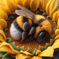 Close-up of a fluffy bumblebee sleeping on a sunflower center, surrounded by yellow petals and green leaves.