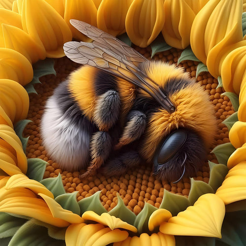 Close-up of a fluffy bumblebee sleeping on a sunflower center, surrounded by yellow petals and green leaves.