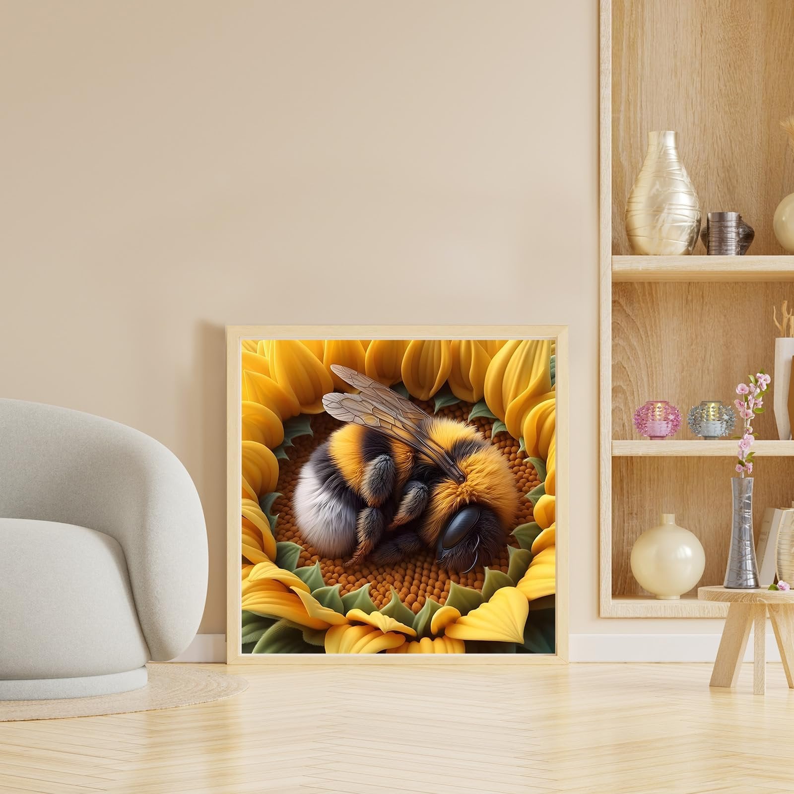 Framed diamond painting of a bumblebee sleeping on a sunflower, displayed in a living room setting.