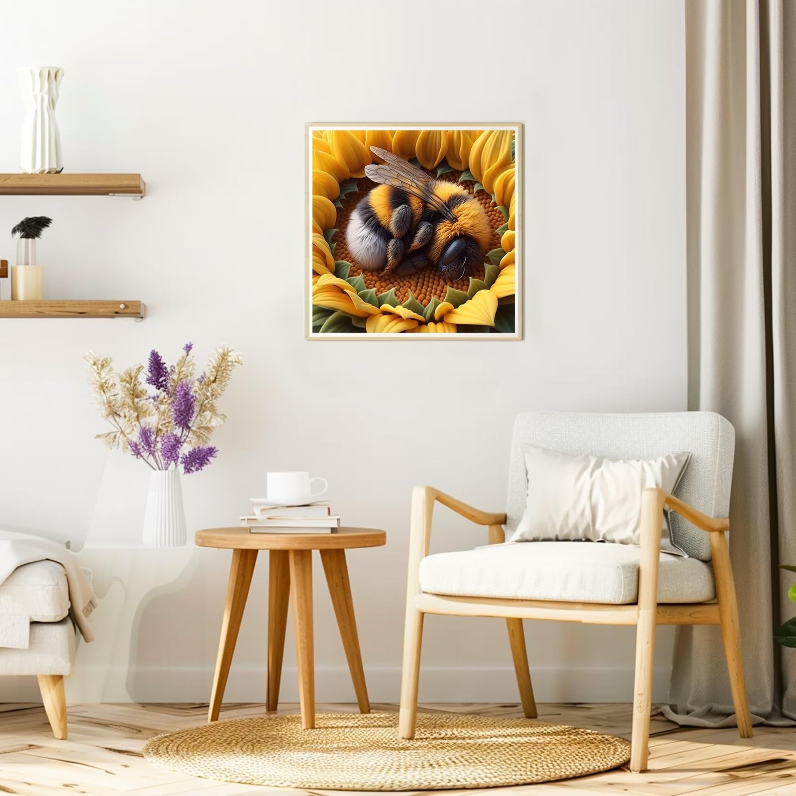 Framed diamond painting of a bumblebee sleeping on a sunflower, displayed in a living room setting.