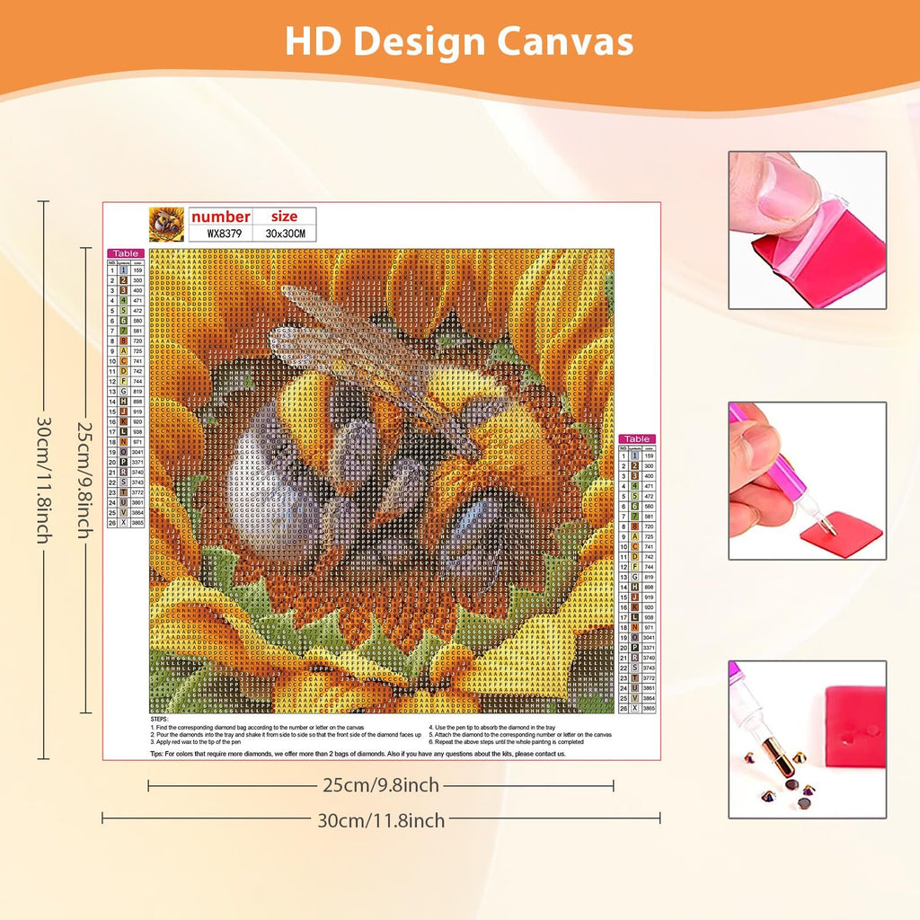 Diamond painting kit with bee and sunflowers design, showing the canvas with color codes and instructions.