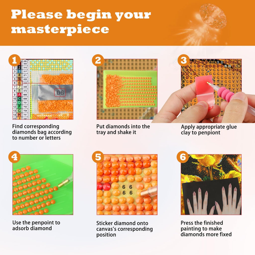 Diamond painting kit instructions showing 6 steps: sorting diamonds, shaking tray, applying glue, picking up diamonds, placing diamonds, and pressing finished painting.