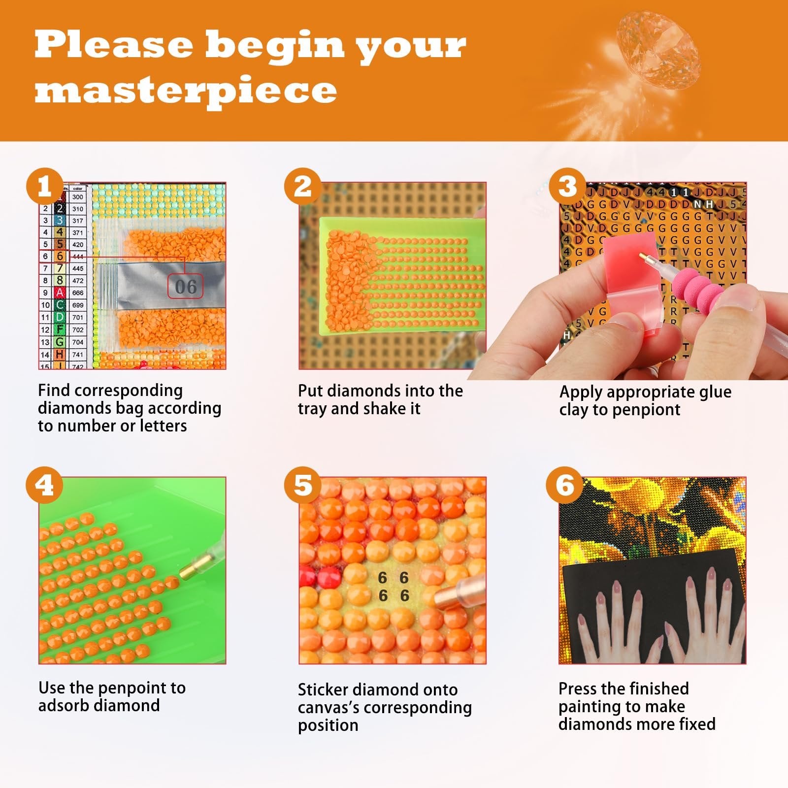 Diamond painting kit instructions showing 6 steps: sorting diamonds, shaking tray, applying glue, picking up diamonds, placing diamonds, and pressing finished painting.