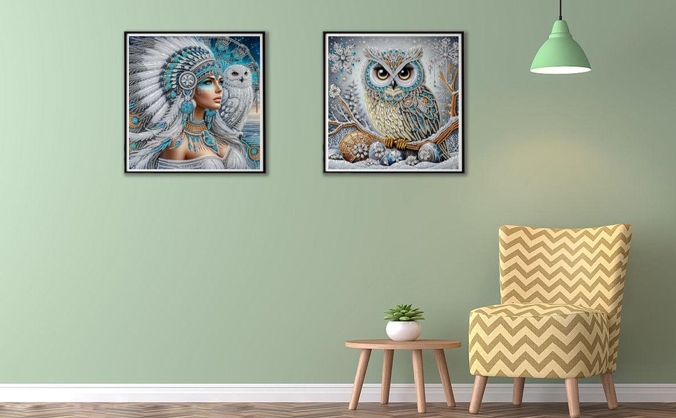 Two framed diamond art paintings of a woman with a headdress and an owl, displayed on a wall above a chair.