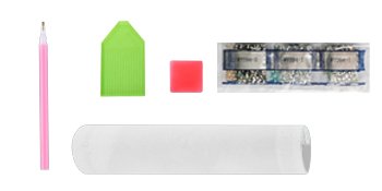 Diamond painting kit accessories including a pink drill pen, green tray, red square, white roller, and three small bags of diamonds.