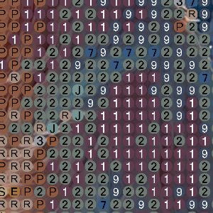 Close-up of a grid of colored dots and letters, likely a diamond painting pattern.