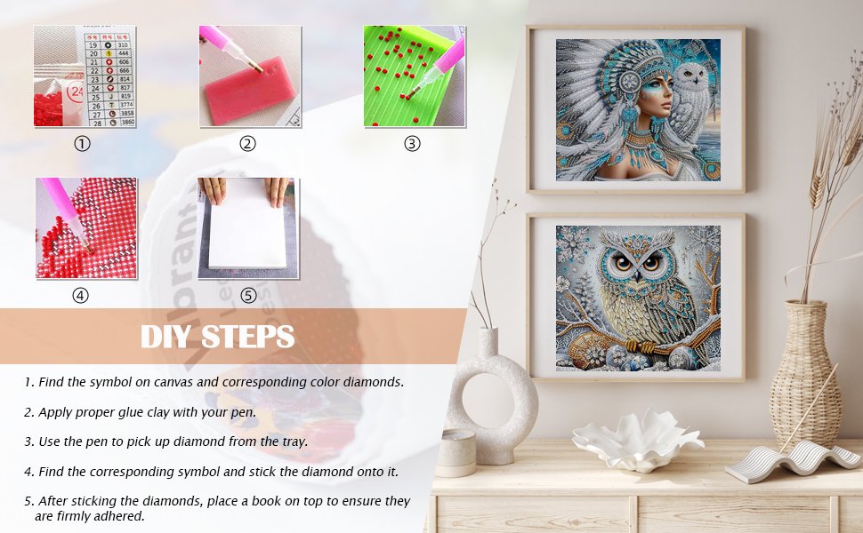 Diamond art painting kit instructions and finished owl and Native American woman artwork displayed on a wall.