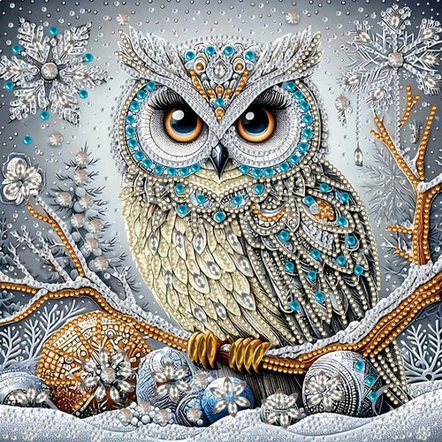 Diamond art painting of a jeweled owl perched on a snowy branch with snowflakes and ornaments