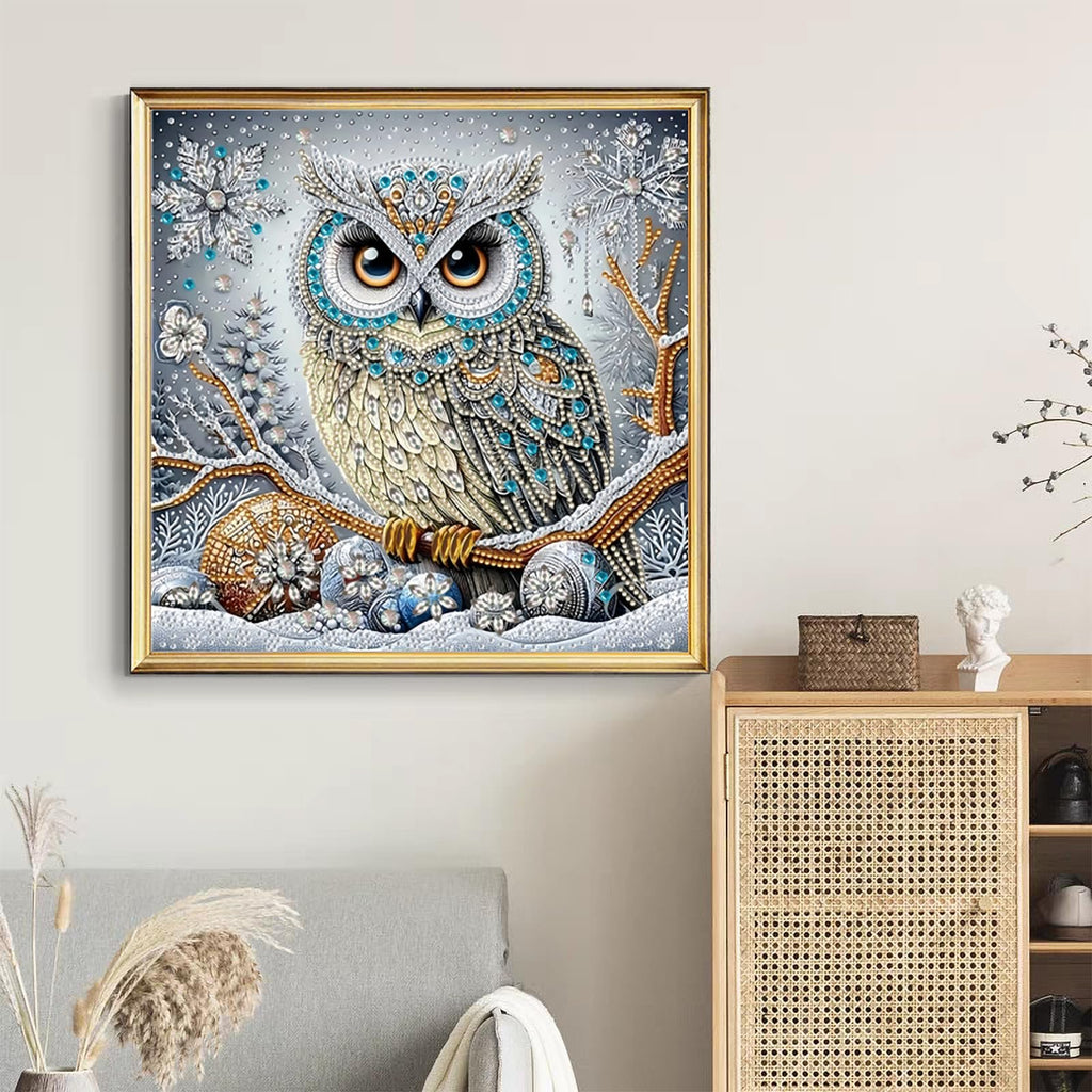 Framed 5D diamond art painting of a detailed owl perched on a snowy branch with snowflakes