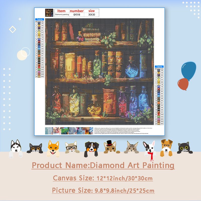 Diamond art painting kit showing a bookshelf filled with books and decorative items, with a color-coded legend.