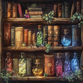 Fantasy bookshelf with potion bottles, jars, and books, illuminated by magical light.