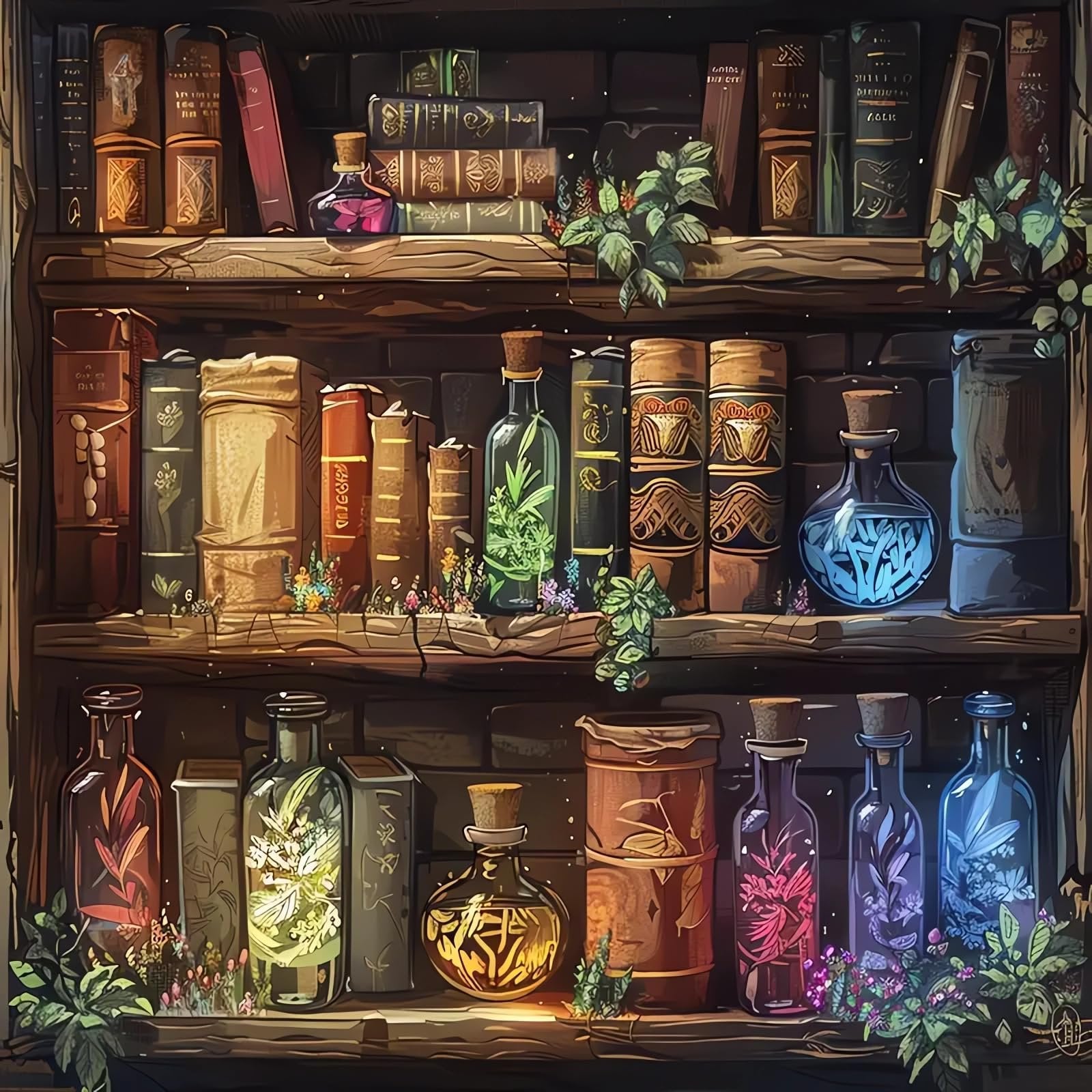 Fantasy bookshelf with potion bottles, jars, and books, illuminated by magical light.