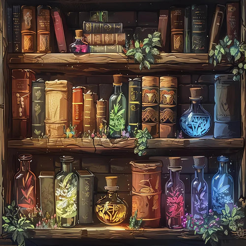 Fantasy bookshelf with potion bottles, jars, and books, illuminated by magical light.